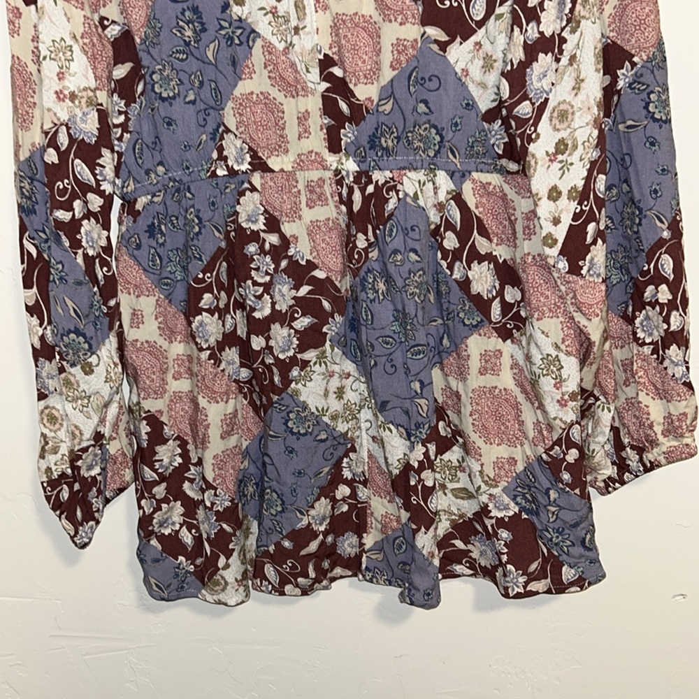 Maurices XXL Peplum Rayon Empire Waist Boho Patchwork V Neck Blouse Boho Style - Picture 13 of 16